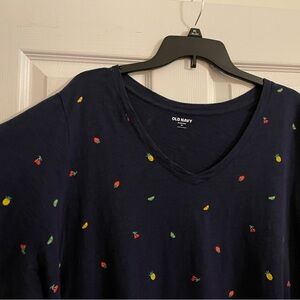 Old Navy Plus 3X Everywear V-Neck Tee, Navy w/Fruit, 100% Cotton, Relaxed Fit